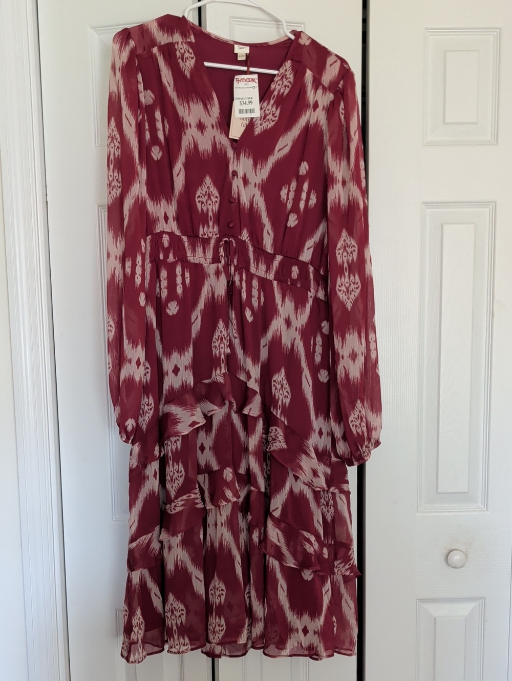 Burgundy Printed Long-Sleeve Ruffle Midi Dress